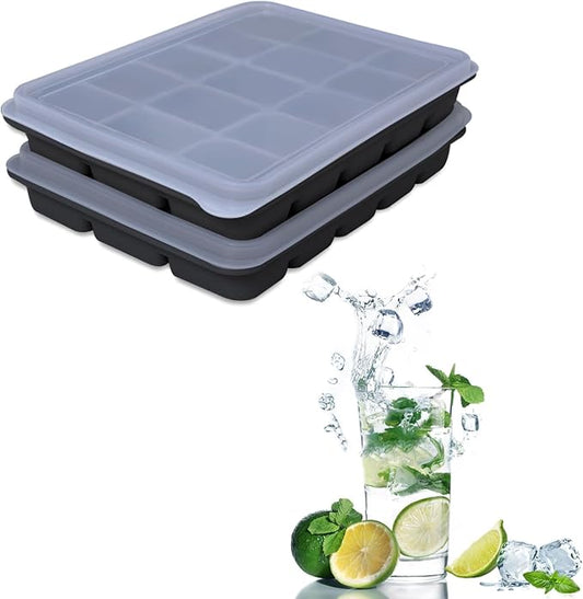 Tvmania Ice Cube Trays Set of 2, Easy Release 15 Flexible Silicone Ice Cube Molds with Removable Lid Reusable Freezer Ice Trays Stackable for Whiskey, Baby Food, BPA Free (black) by Tvmania
