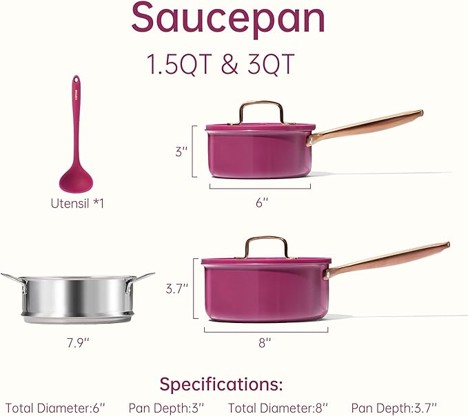 CAROTE 1.5Qt & 3.0Qt Stainless Steel Saucepan Set with Steamer & Ladle, Non-Toxic 3-Ply Stainless Steel Pot with Lids, Small Pots for Cooking, Oven Safe, Induction Compatible Cookware, Purple - Image 2