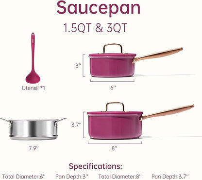 CAROTE 1.5Qt & 3.0Qt Stainless Steel Saucepan Set with Steamer & Ladle, Non-Toxic 3-Ply Stainless Steel Pot with Lids, Small Pots for Cooking, Oven Safe, Induction Compatible Cookware, Purple - Image 2