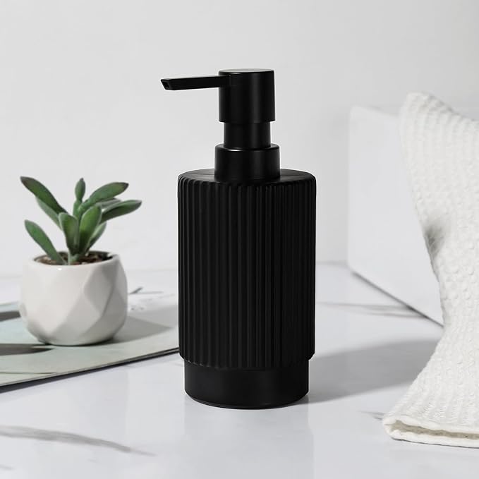VIMERPA Black Soap Dispenser, 11 fl oz Hand Soap Dispensers for Bathroom, Matte Black Ribbed Glass Dish Soap Dispenser for Kitchen with Pump, Modern Refillable Liquid Soap Pump Bottle