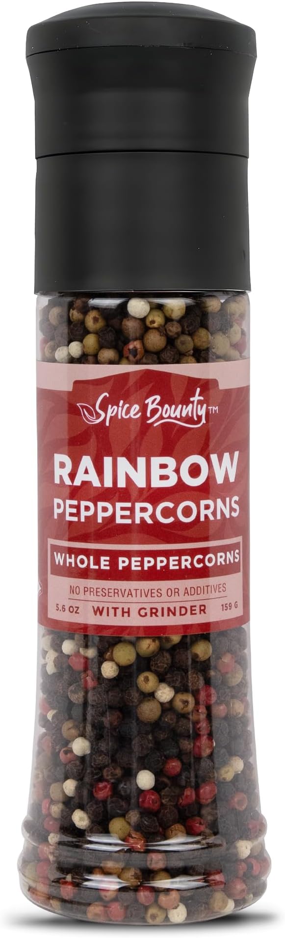 Spice Bounty Rainbow Peppercorn Grinder – 5.6 oz Whole Mixed Peppercorns (Black, White, Green & Pink) – Premium Refillable Grinder, No Additives or Preservatives