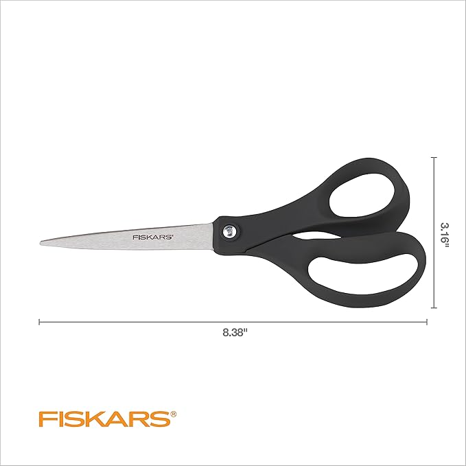 Fiskars 8” Everyday Stainless Steel Scissors (1-Pack) with Ergonomic Handles, Home & Office Scissors for Cutting Paper, Cardboard, Photos and More, Gray - Image 2