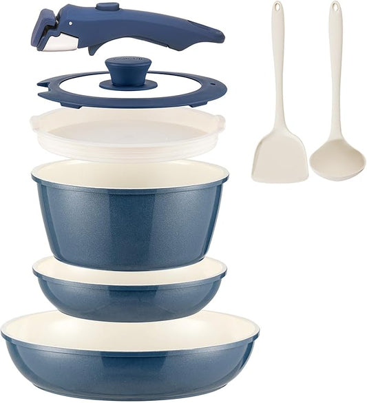 8Pcs Pots and Pans Set Nonstick Ceramic Cookware Set Removable Handle Induction Kitchen Cooking Set with Frying Pans and Sauce Pan, Blue by COICUR