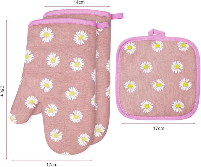 AUAUY Oven Mitts and Potholders, BBQ Gloves Heat Resistant, 1 Pair Oven Mitts and 2 Pot Holders, Cotton Non-Slip Cooking Gloves for Cooking Baking Kitchen Microwave Pizza(Daisy-Pink) - Image 7