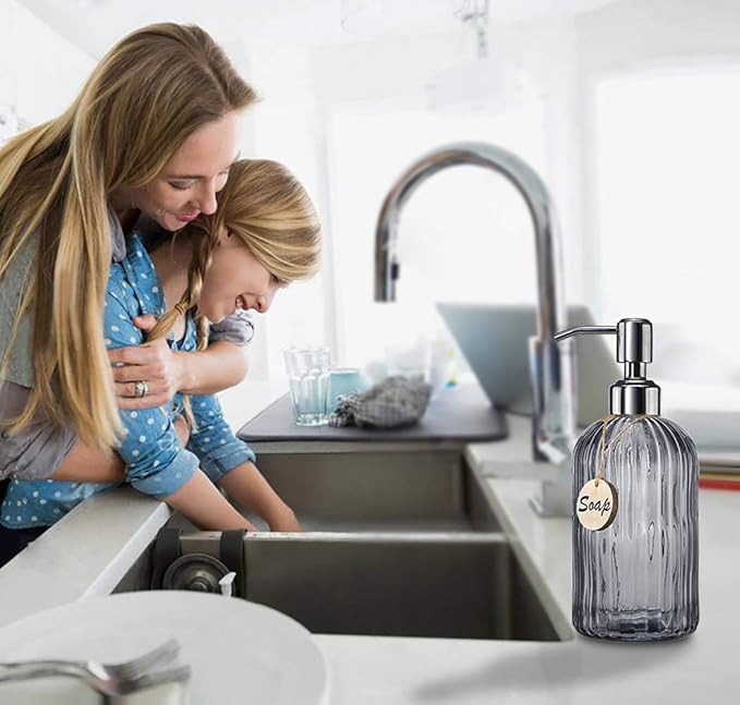 JASAI 18 Oz Vertical Stripes Kitchen Soap Dispenser with 304 Rust Proof Stainless Steel Pump, Refillable Liquid Soap Dispenser for Bathroom, Kitchen, Hand Soap, Dish Soap (Clear Grey) - Image 3