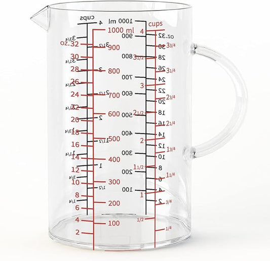 77L Glass Measuring Cup, [Double-Sided Measuring Scale, Insulated handle, V-Shaped Spout], High Borosilicate Glass Measuring Cup for Kitchen or Restaurant, Easy To Read, 1000 ML (1 Liter, 4 Cup) by 77L