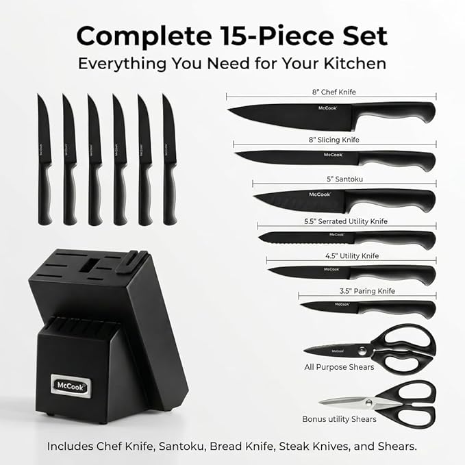 McCook® Knife Sets,German Stainless Steel Knife Block Sets with Built-in Sharpener, Black - Image 3
