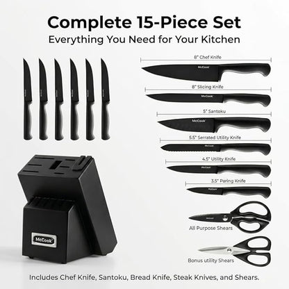 McCook® Knife Sets,German Stainless Steel Knife Block Sets with Built-in Sharpener, Black - Image 3