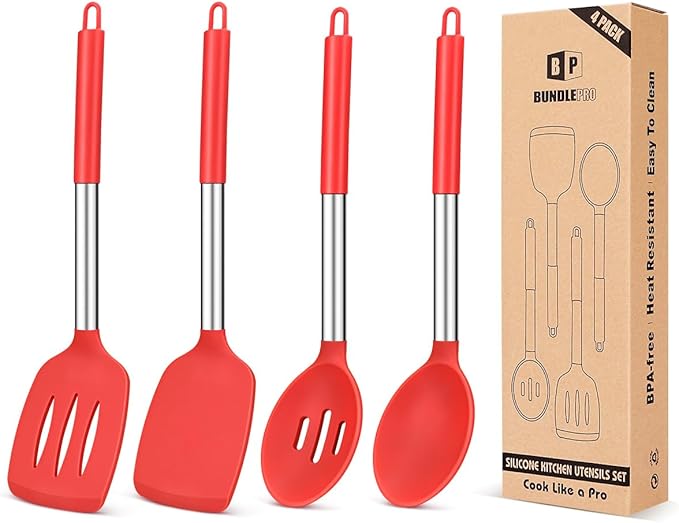 Pack of 4 Silicone Cooking Utensils Set, Non Stick Large Solid Spatulas, Heat Resistant Slotted Spoons, Ideal BPA Free Kitchen Turners for Frying, Mixing,Serving,Draining,Turning,Stirring (RED) by BUNDLEPRO