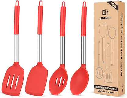 Pack of 4 Silicone Cooking Utensils Set, Non Stick Large Solid Spatulas, Heat Resistant Slotted Spoons, Ideal BPA Free Kitchen Turners for Frying, Mixing,Serving,Draining,Turning,Stirring (RED) by BUNDLEPRO