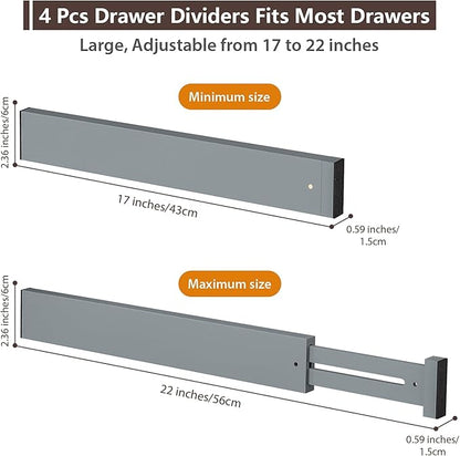 4 PCS Drawer Divider, 17"-22" Adjustable Bamboo Drawer Dividers Organizers, Expandable Separators for Kitchen, Clothes, Dressers, Home, Office, Gray - Image 2