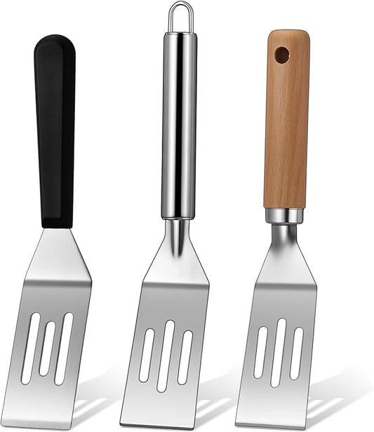 Patelai 3 Pack Small Spatula Mini Serving Brownie Spatula for Serving and Flipping Cooking Pancakes Desserts Cookie Eggs Lasagna (Slotted,Mixed Handle)