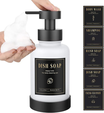 Luxspire Foaming Soap Dispenser, Glass Foam Pump Soap Dispenser, Non-Slip Hand Soap Bottle with 5 Waterproof Labels, 15 Oz Refillable Liquid Soap Bottle for Bathroom & Kitchen, White, 1 Pack