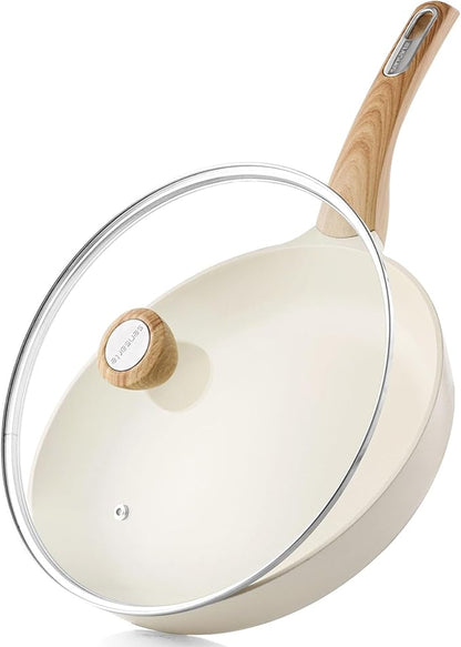 SENSARTE Ceramic Nonstick Frying Pan Skillet with Lid 11inch Non Stick Omelet Pan, Non-toxic Healthy Kitchen Cooking Chef's Pan, Free of Intentionally Added PFOA/PFAS/PTFE, Induction Compatible, White by SENSARTE