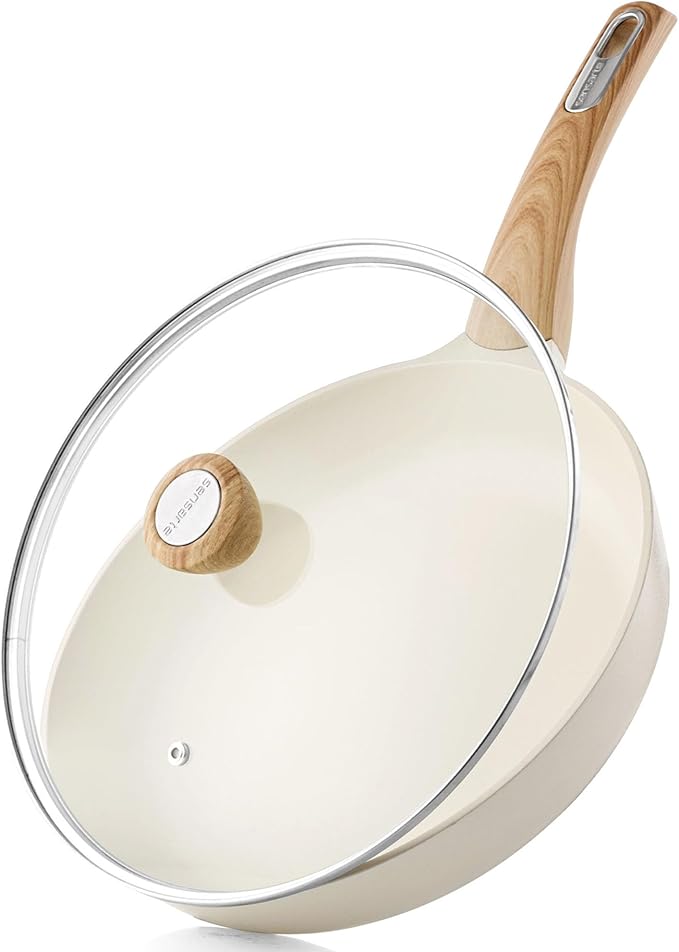 SENSARTE Ceramic Nonstick Frying Pan Skillet with Lid, 9.5inch Non Stick Pan Omelet Pans, Non-toxic Kitchen Cooking Chef's Pan, Free of Intentionally Added PFAS/PTFE/PFOA, Induction Compatible, White by SENSARTE