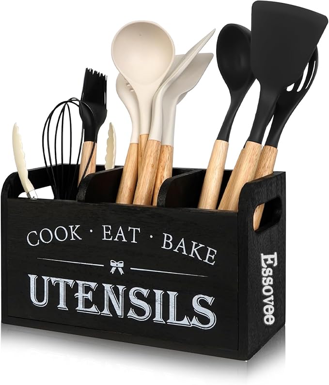 Farmhouse Cooking Utensils Organizer - Kitchen Utensil Holder Black Rustic Solid Wood Countertop Utensil Holder, 3 Compartment Spoon Holder for Kitchen Decor by Essovee