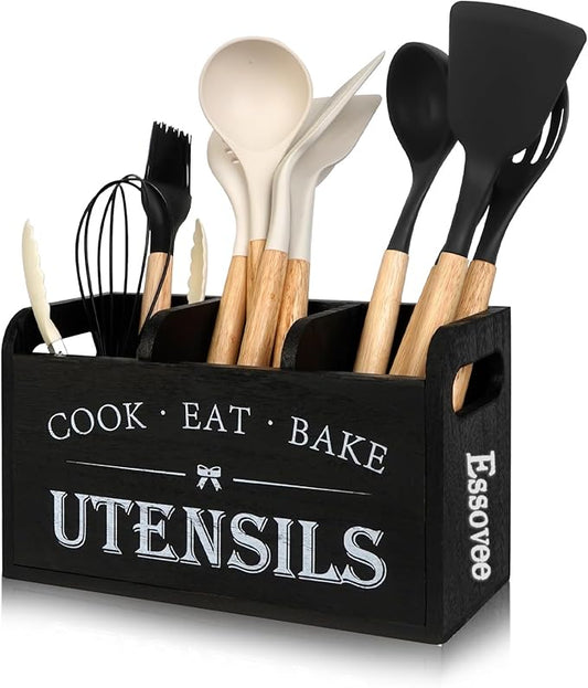 Farmhouse Cooking Utensils Organizer - Kitchen Utensil Holder Black Rustic Solid Wood Countertop Utensil Holder, 3 Compartment Spoon Holder for Kitchen Decor by Essovee
