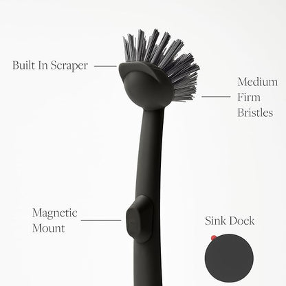 Earth & Mango Magnetic Dish Brush & Scraper, Snaps to Sink, Non-Scratch, Dishwasher Safe, Dish Scrubber – Onyx Black