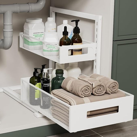 Petiza Under Sink Organizer Adjustable Height 2 Tier Bathroom Organizer Pull Out Cabinet Organer kitchen organizers and storage fridge organizers and storage,White,XL-1 Pack by petiza