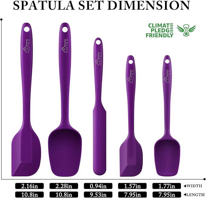 HOTEC 600℉ Heat Resistant BPA-Free Silicone Rubber Spatula Set for Baking, Cooking, and Mixing Non Stick Dishwasher Safe, Purple Set of 5 - Image 2