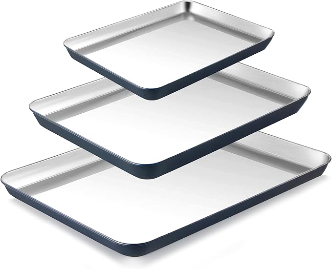 BRONYPRO Stainless Steel Baking Sheet Pan Set of 3, Cookie Sheets 9/12/16 In, Non-Toxic Uncoated Interior (PFOA & PTFE Free), Solid Warp-Resistant Cooking Trays for Oven & Toaster, Navy Exterior by Bronypro