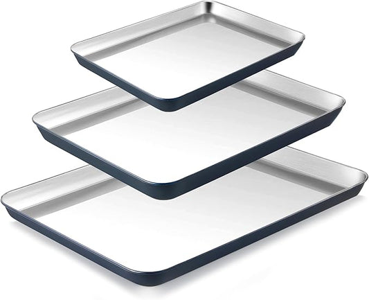 BRONYPRO Stainless Steel Baking Sheet Pan Set of 3, Cookie Sheets 9/12/16 In, Non-Toxic Uncoated Interior (PFOA & PTFE Free), Solid Warp-Resistant Cooking Trays for Oven & Toaster, Navy Exterior by Bronypro