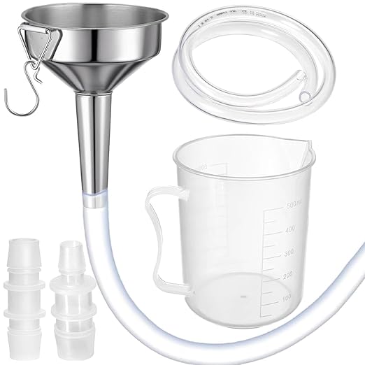 Steel Transmission Funnel for Automotive Use, Wide Mouth Oil Funnel with 2 Different Diameter Clear Plastic Tubing (3.28 Ft Each) for Car, Gasoline, Engine, Coolant, Water, Fluid, Oil Change