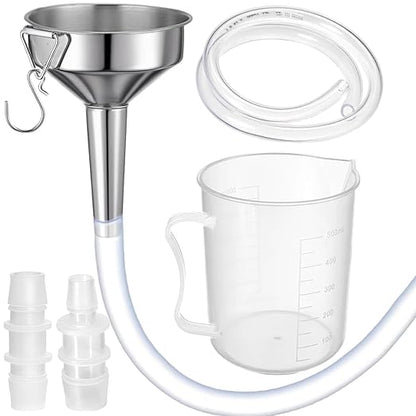 Steel Transmission Funnel for Automotive Use, Wide Mouth Oil Funnel with 2 Different Diameter Clear Plastic Tubing (3.28 Ft Each) for Car, Gasoline, Engine, Coolant, Water, Fluid, Oil Change
