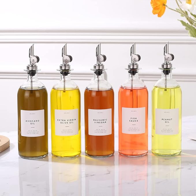 Molimoli Oil and Vinegar Dispenser with Metal Pour Spout, Weighted Pourer, Glass Bottle Dispenser for Kitchen, Olive Oil Cruet, Glass Olive Oil Bottle | 500ml, Set of 2 - Image 9