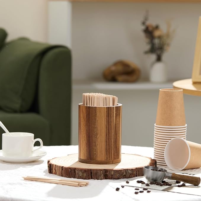 Acacia Wood Coffee Stirrer Holder Set with 100 Disposable Stir Sticks, Wooden Bar Accessories for Milk Cocktail Tea Drinks Straws, Organizer for Station Countertop - Image 6