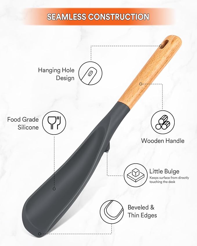 Cooking Spoon for Nonstick Cookwares, Great for Cooking and Serving Sturdy BPA-Free Matte Silicone, Wood Handle Spoon for Mixing, Scoop, and Scrape (2 Pack of Grey, 11.4 inch) - Image 3