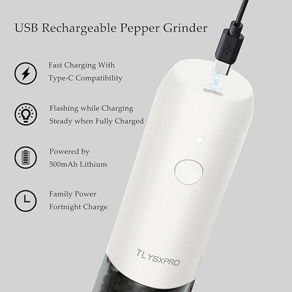 Electric Salt and Pepper Grinder Set, USB Rechargeable, Automatic Salt and Pepper Mill Grinder with Adjustable Coarseness, Electric Salt Shakers, LED Light, Refillable (2 Packs, White) - Image 4