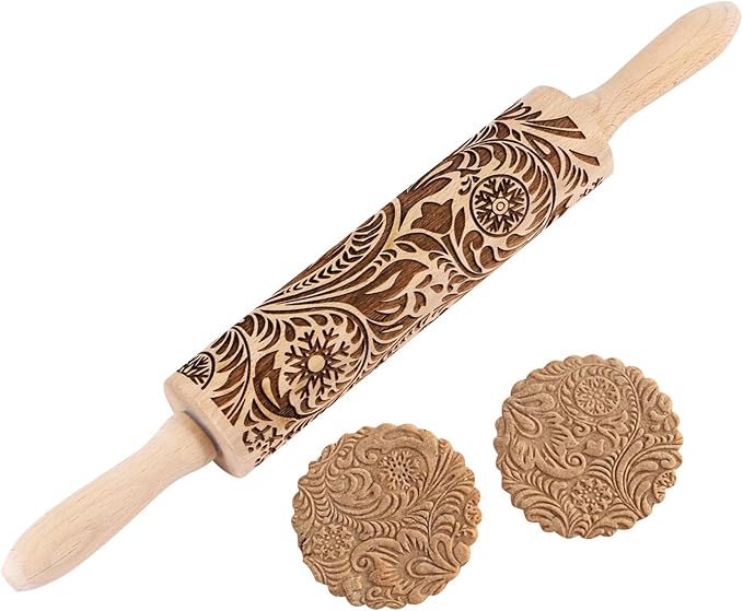 Embossed Wooden Rolling Pin for Baking,Evermarket Deep Engraved Embossing Rolling Pin with Christmas Snowflake Flower Design for Baking Embossed Cookies,Cute Kitchen Decor DIY Tool for Adults by EVERMARKET