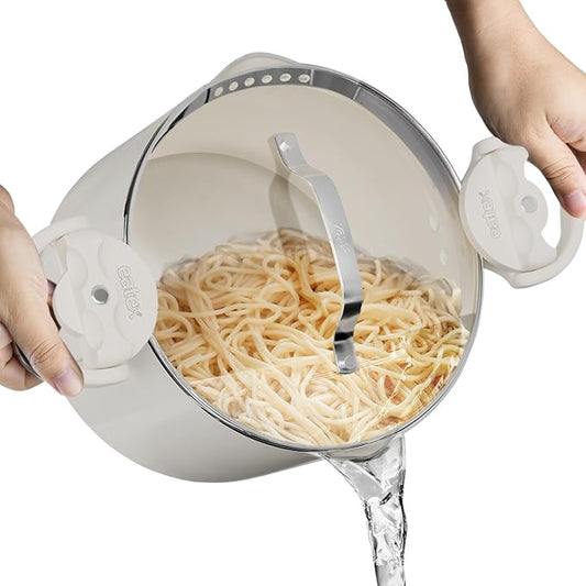 EATEX Pasta Pot with Strainer Lid - 5 Quart Multipurpose Stock Simmer Spaghetti with Strainer - Twist & Lock Handles, Nonstick Ceramic Stainless Steel Tempered Glass Cream