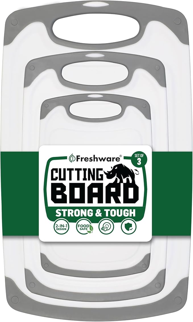 Freshware Cutting Boards for Kitchen, Chopping Board 3-Pack with Different Sizes, Juice Grooves and Non Slip Handles - Reversible, Large Cutting Board Set - Dishwasher Safe - Gray by Freshware