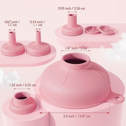 Pisol Wide Mouth Versatile Funnel, Canning Funnels for Kitchen Use, Food Grade Plastic Cooking Funnel Set with 4 Size Spouts and 2 Strainers for Filling Different Bottles and Bags, Pink