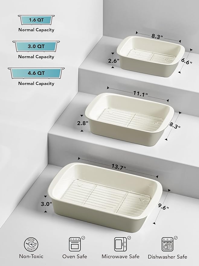 LE TAUCI Deep Casserole Dishes for Oven, 13.7”x9.6” Ceramic Baking Dish Set with Roasting Racks, Large Lasagna Pans with Handles, Rectangular Bakeware as Gift for Mom, Oatmeal Greige (4.6QT/3.0QT/1.6QT), Set of 3 - Image 3