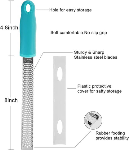 8-Inch Lemon Zester & Cheese Grater 18/8 Stainless Steel Citrus Zester for Lemon, Lime, Parmesan, Garlic & Ginger 8’’ Long Razor Sharp Blade, Ergonomic Non‑Slip Handle with Protective Cover, Blue