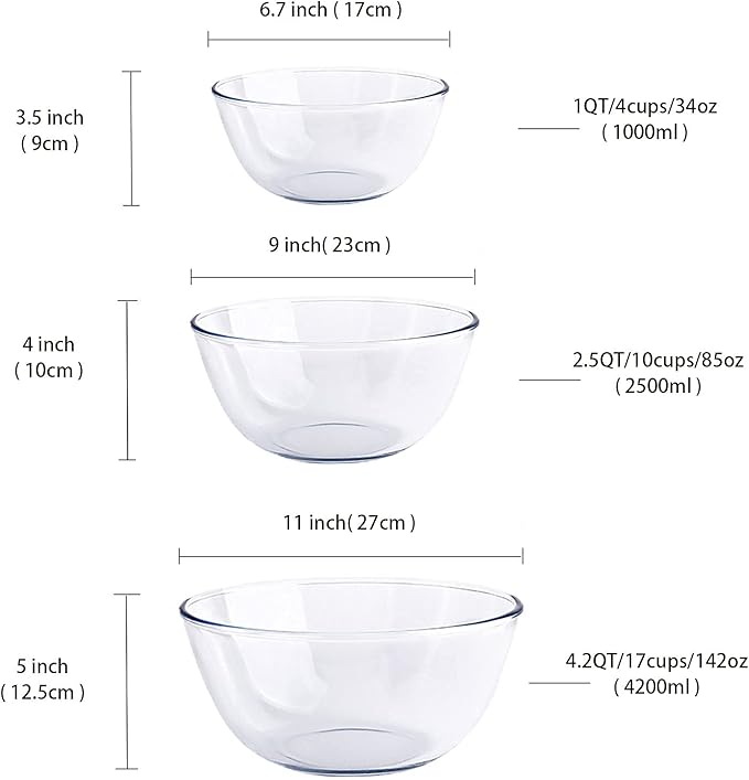 Homwin Glass Mixing Bowl Set for Baking 3-Piece Salad Bowl Set (1qt, 2.5qt, 4.2qt), High Brosilicate Large Bowls for Kitchen Prepping Serving and Storage, Microwave Dishwasher Oven Safe