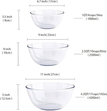 Homwin Glass Mixing Bowl Set for Baking 3-Piece Salad Bowl Set (1qt, 2.5qt, 4.2qt), High Brosilicate Large Bowls for Kitchen Prepping Serving and Storage, Microwave Dishwasher Oven Safe