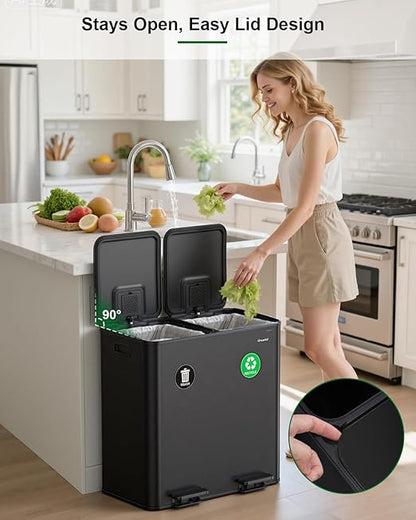 Lovewind 2×11.5 Gallon Dual Trash Can, Stainless Steel Dual Garbage and Recycling Can with Foot Pedal, 90° Stay-Open Lid, Pet-Proof Design – Large Dual Compartment Trash Recycling Bins Kitchen, Black
