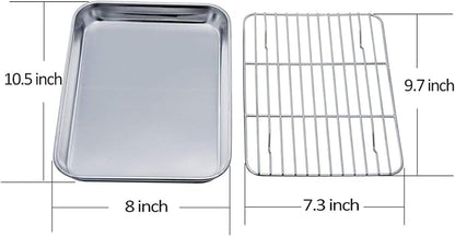 TeamFar Toaster Oven Pan Tray with Cooling Rack, Stainless Steel Toaster Ovenware Pan, Compact 8''x10.5''x1'', Healthy & Non Toxic, Rust Free & Easy Clean - Dishwasher Safe
