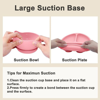 Silicone Baby Feeding Set | Baby Led Weaning Supplies Includes Suction Bowls and Divided Plates, Adjustable Bib, Baby Utensils Spoons and Forks,Cup | Baby Feeding Essentials (Pink)