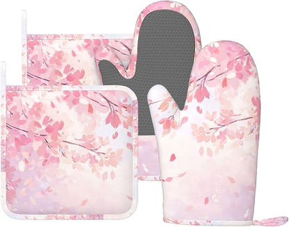 Oven Mitts and Pot Holders Cherry Blossom Flower Japanese Art Silicone Kitchen Accessories Set of 4 Heat Resistant Long Gloves Potholder Non-Slip Grip for Chef Cooking Baking Grilling BBQ