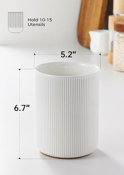 LoeJan 6.7" Utensil Holder, Ceramic Kitchen Utensil Holder with Cork Bottom, Large Utensil Crock for Countertop, Vintage Cooking Tool Organizer Set for Kitchen Counter Decor(White) - Image 2