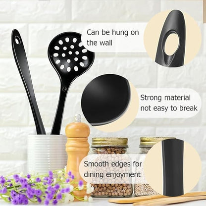 Large Plastic Serving Spoons,Disposable Heavy Duty Serving Spoons,Long Handle Scoop Soup Rice Ladle for Party Catering Buffet Restaurant,20 Pieces (10 Black Colander +10 Black Spoon) - Image 3