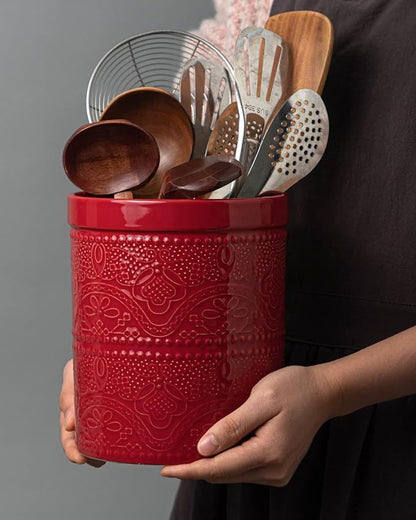 FUN ELEMENTS Kitchen Utensil Holder, 7.2" Super Large Utensil Crock Heavy and Stable Lace Emboss Ceramic Utensil Holder for Kitchen Counter (Christmas Red) - Image 7