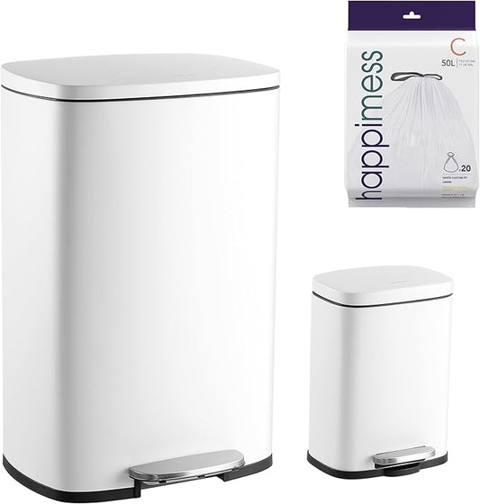 happimess HPM1006C Connor Rectangular 13-Gallon Trash Can with Soft-Close Lid and Free Mini Trash Can, Fingerprint Resistant, Modern, Minimalistic for Home, Kitchen, Office, Bathroom, White by Happimess