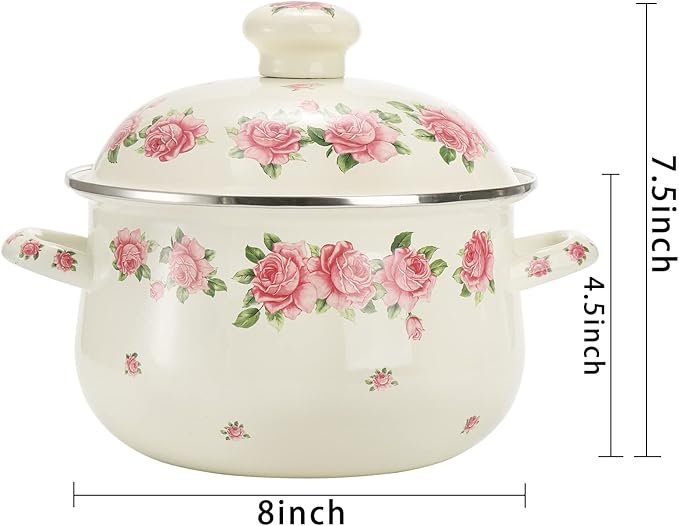 SOUJOY Enamel Stockpot with Lid, 2.8 Quart Retro Cooking Pot, Vintage Floral Stew Bean Simmer Pot with Handle, Kitchen Soup Pot, Safe for Induction Cookers, Gas Stove - Image 2