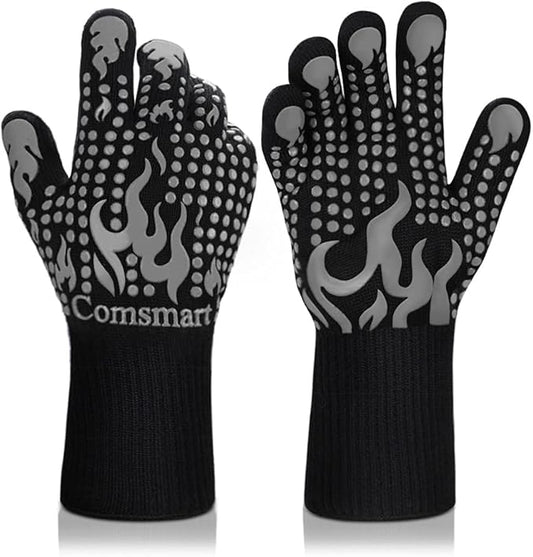 Comsmart BBQ Gloves, 1472 Degree F Heat Resistant Grilling Gloves Silicone Non-Slip Oven Gloves Long Kitchen Gloves for Barbecue, Cooking, Baking, Cutting(Gray) by Comsmart